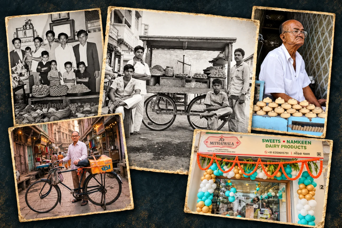A designed collage combining the supplied 1952, 1965, 1992 and 2008 photographs with the current storefront