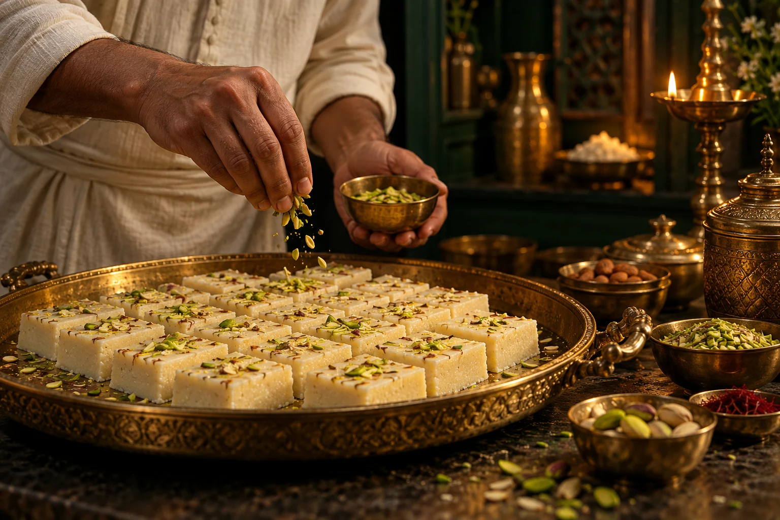 Hands adding pistachios to barfi — illustrative craft scene