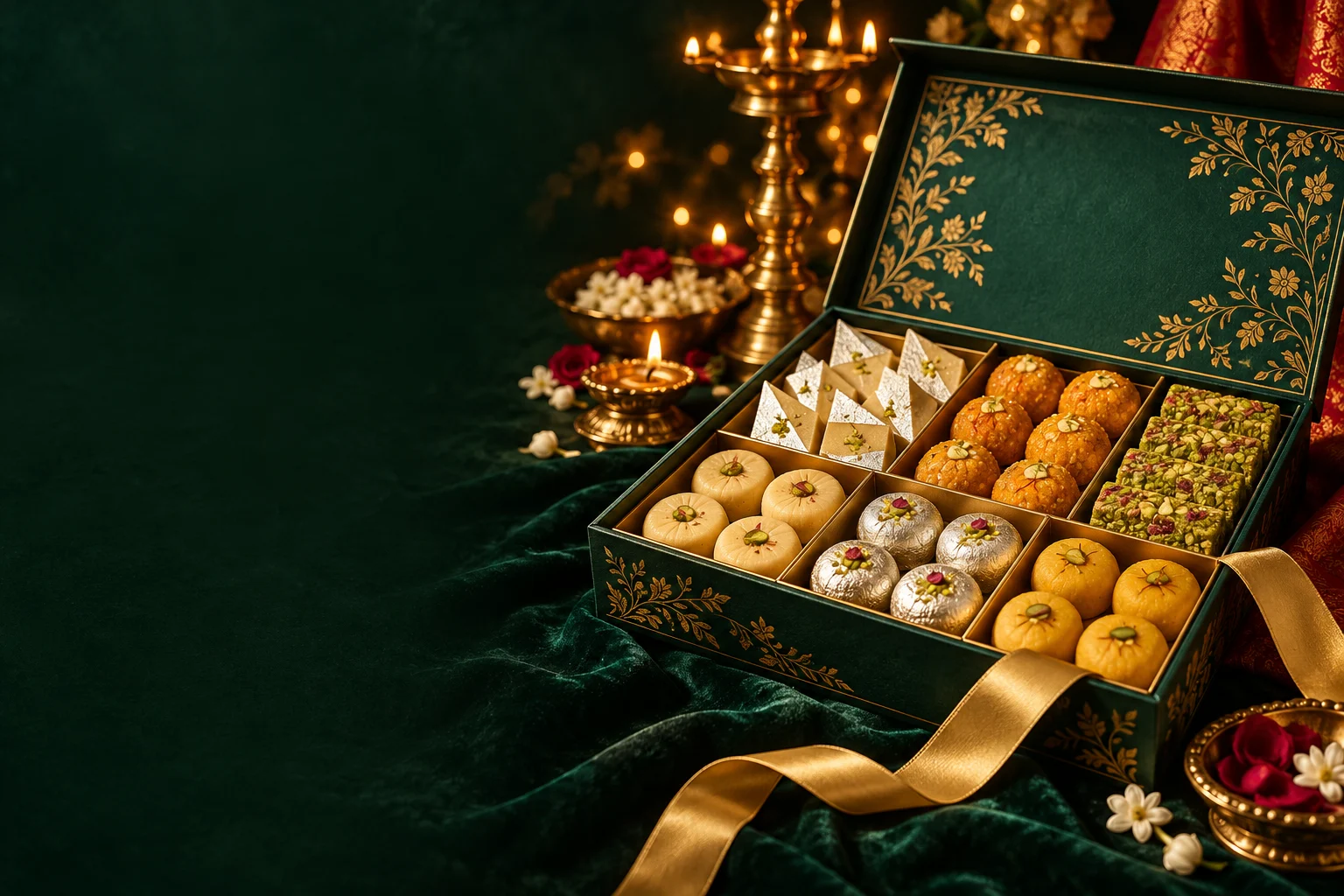 Evergreen and gold mithai gift box — packaging illustration