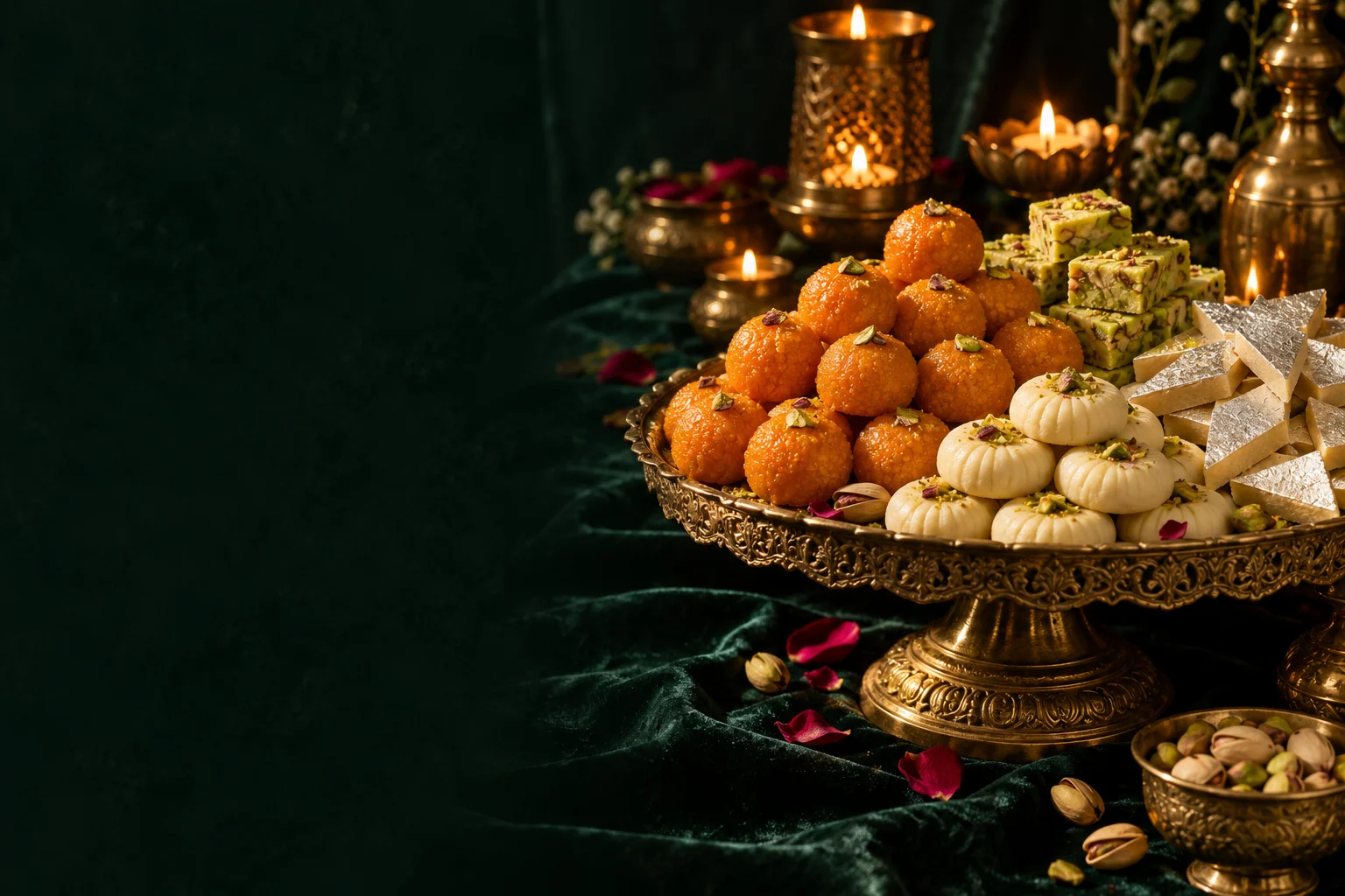 Indian mithai arranged on an ornate brass platter — illustration